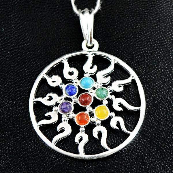 gemsmore:Natural Round Shape Seven Chakra Reiki Healing Pendant