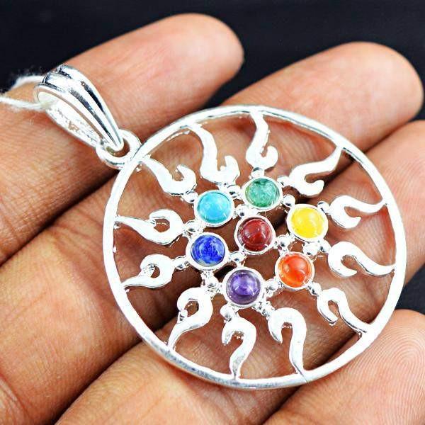 gemsmore:Natural Round Shape Seven Chakra Reiki Healing Pendant