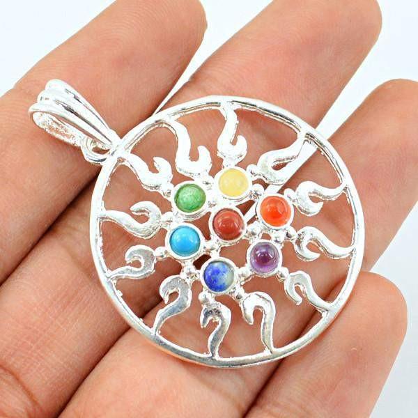 gemsmore:Natural Round Shape Seven Chakra Reiki Healing Pendant