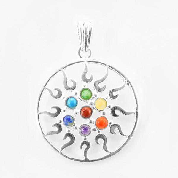 gemsmore:Natural Round Shape Seven Chakra Reiki Healing Pendant