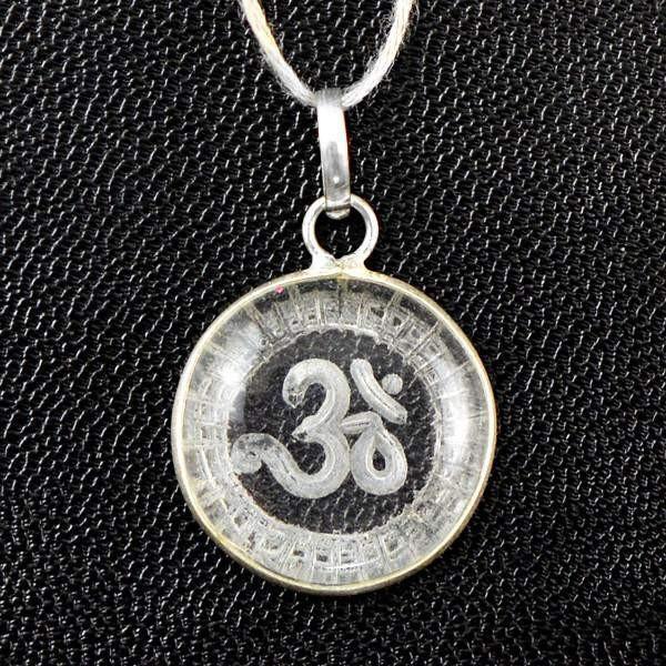 gemsmore:Natural Round Shape White Quartz Internal Carved OM Pendant