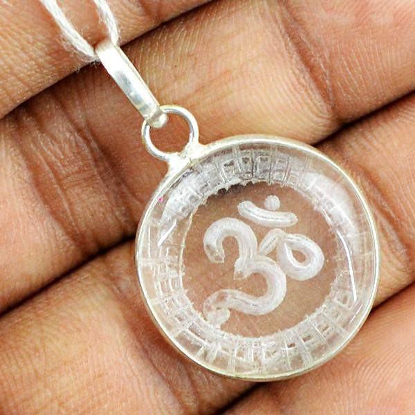 gemsmore:Natural Round Shape White Quartz Internal Carved OM Pendant
