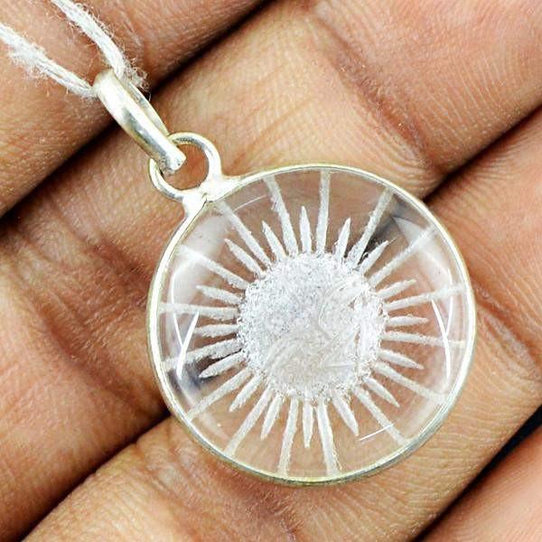 gemsmore:Natural Round Shape White Quartz Sun Internal Carved Healing Pendant