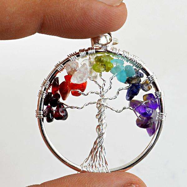 gemsmore:Natural Seven Chakra Round Shape Healing Tree Pendant
