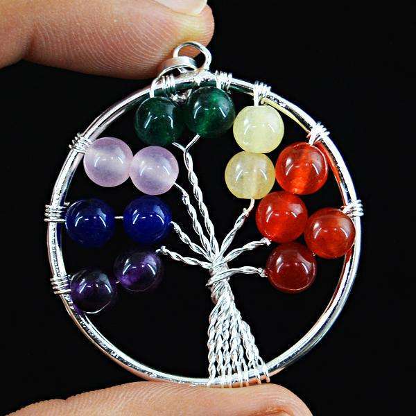 gemsmore:Natural Seven Chakra Round Shape Healing Tree Pendant