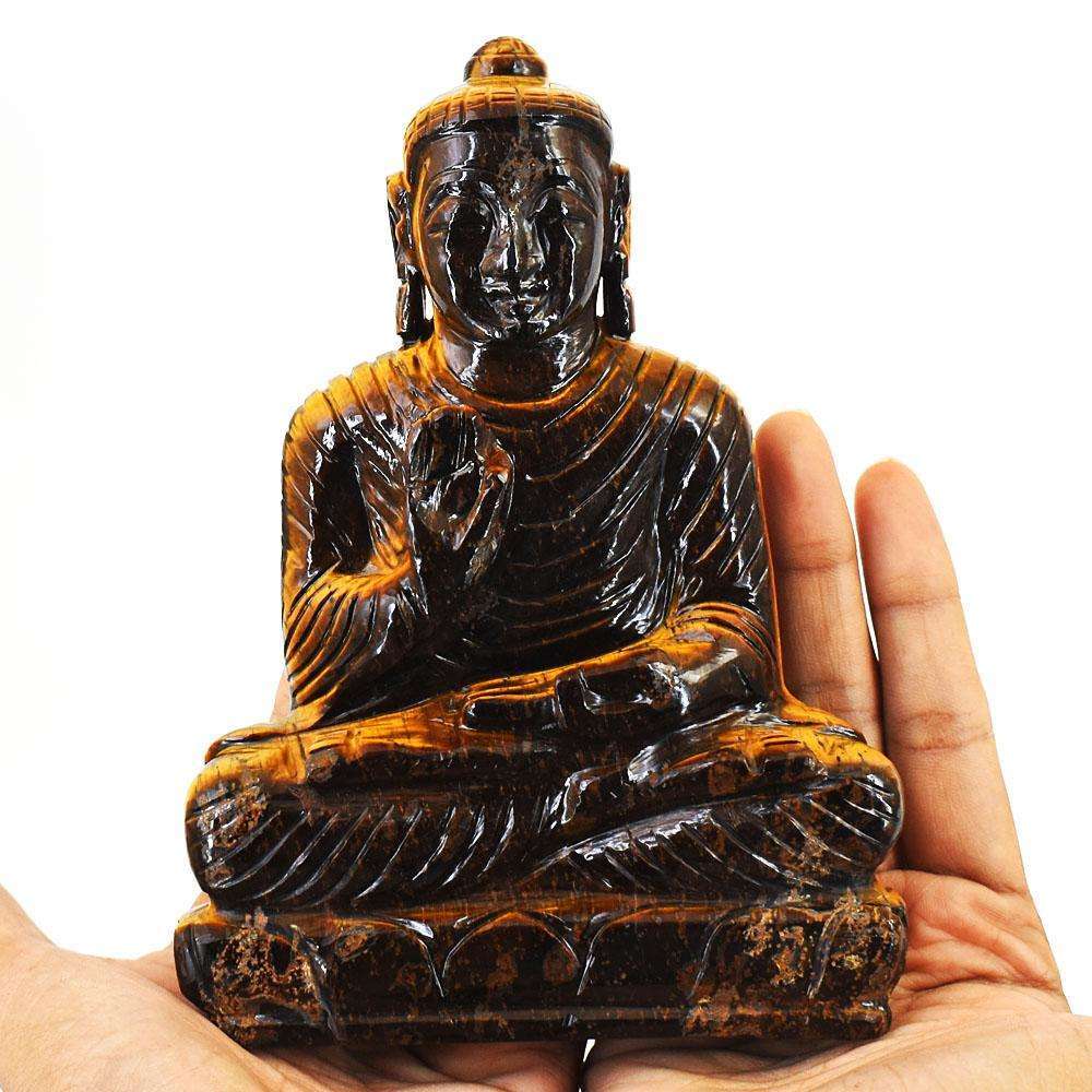 gemsmore:Natural Tiger Eye Hand Carved Genuine Crystal Gemstone Carving Lord Buddha