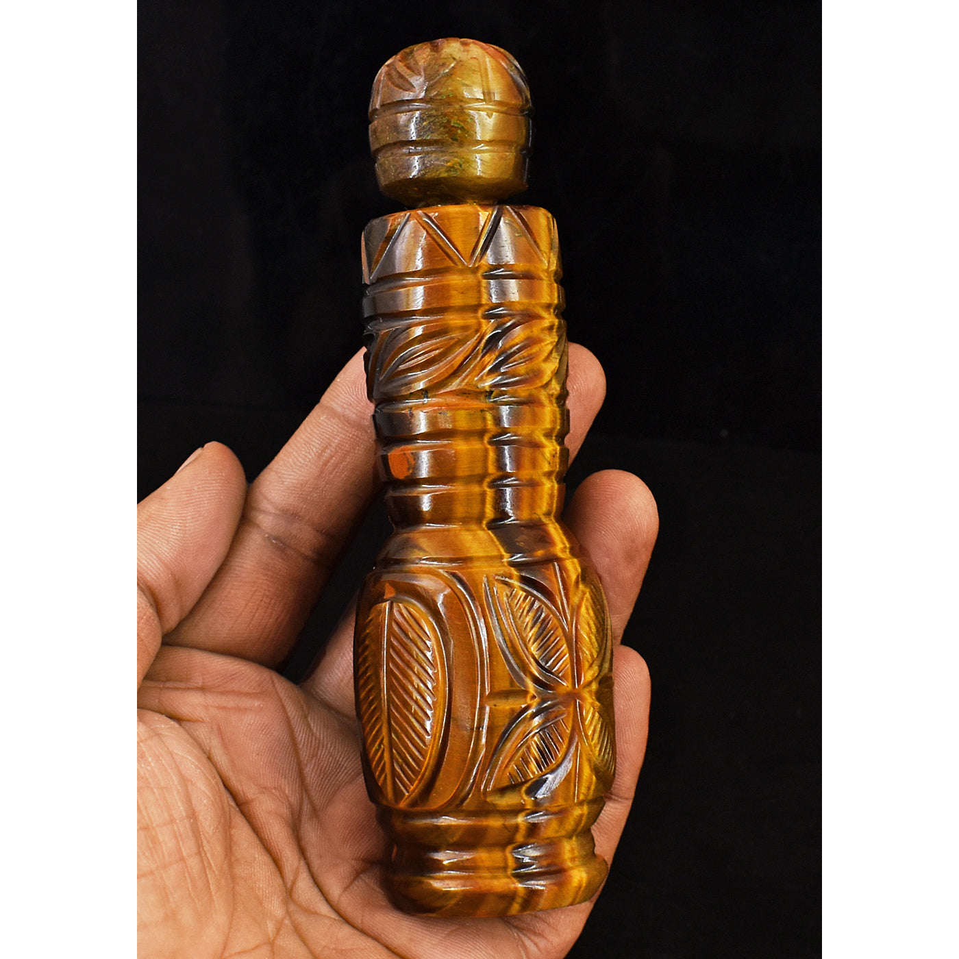 gemsmore:Natural Tiger Eye Hand Carved Genuine Crystal Gemstone Carving Perfume Bottle