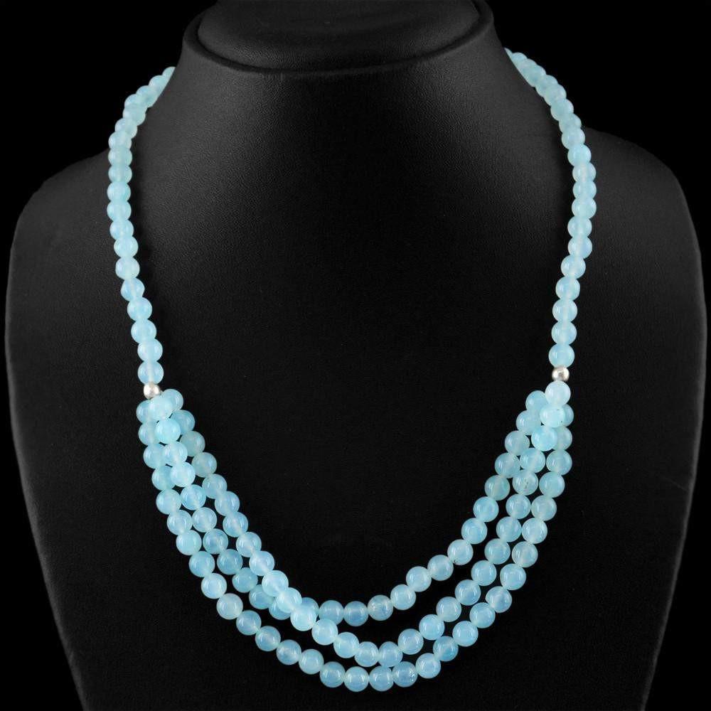 gemsmore:Natural Untreated Blue Aquamarine Necklace Single Strand Round Shape Beads
