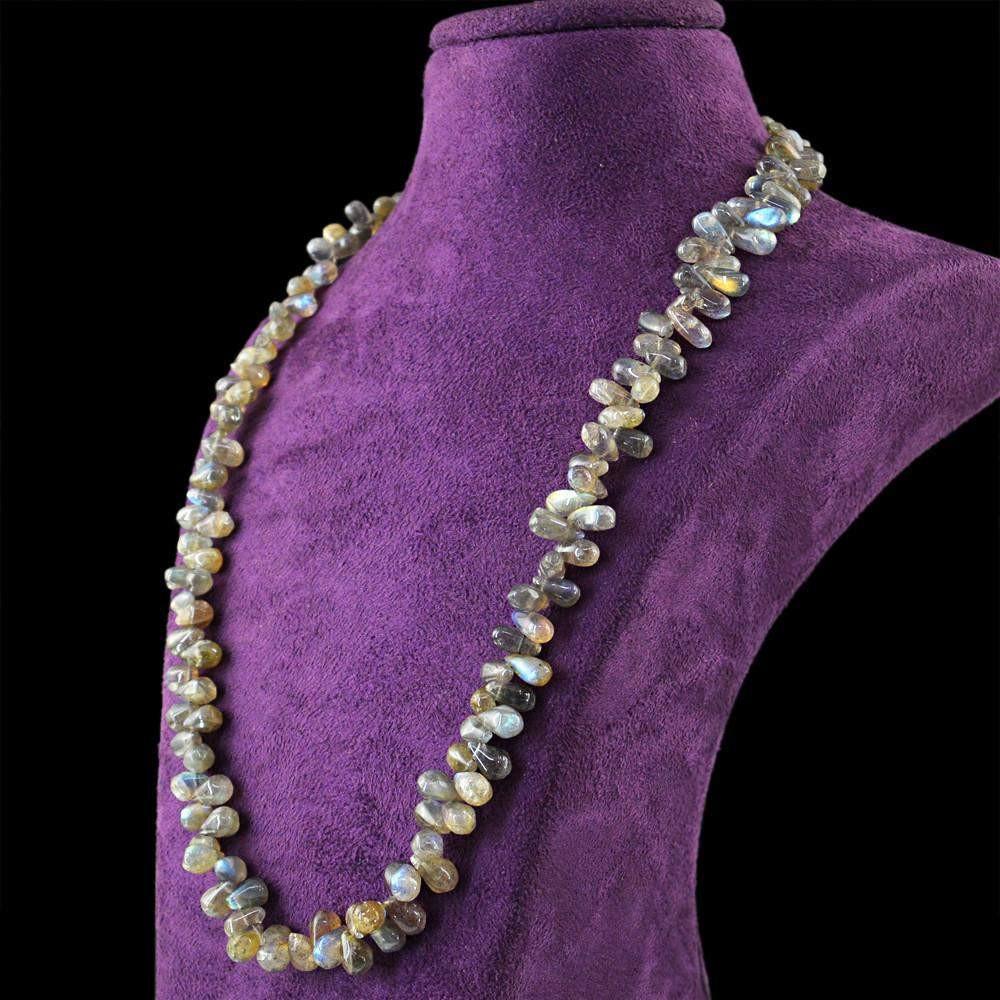 gemsmore:Natural Untreated Blue & Golden Flash Labradorite Necklace Tear Drop Beads