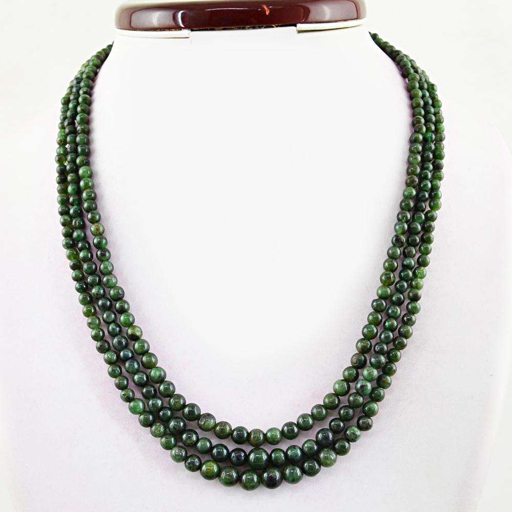gemsmore:Natural Untreated Emerald Necklace - 3 Strand Round Shape Beads