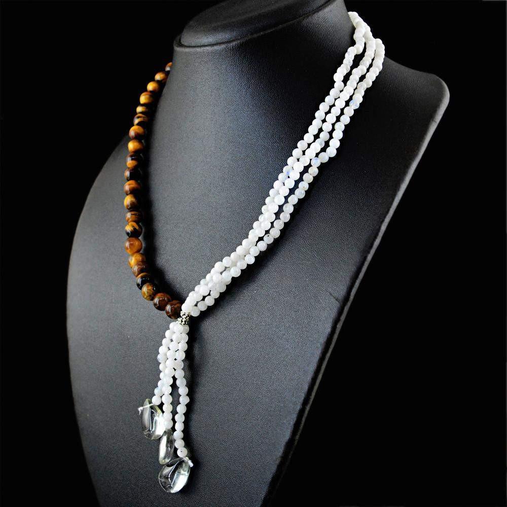 gemsmore:Natural Untreated Golden Tiger Eye & Blue Flash Moonstone Necklace Round Shape Beads