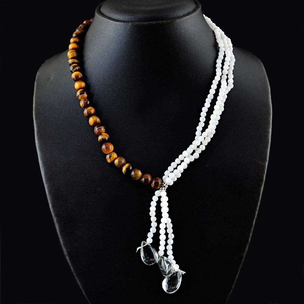 gemsmore:Natural Untreated Golden Tiger Eye & Blue Flash Moonstone Necklace Round Shape Beads
