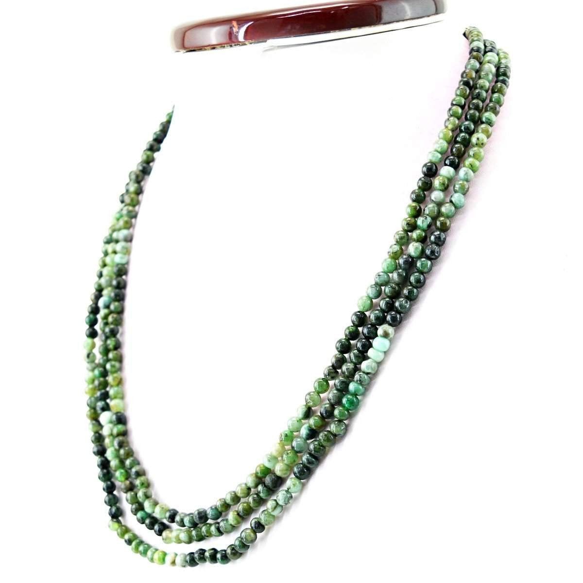 gemsmore:Natural Untreated Green Emerald Necklace 3 Line Round Shape Beads