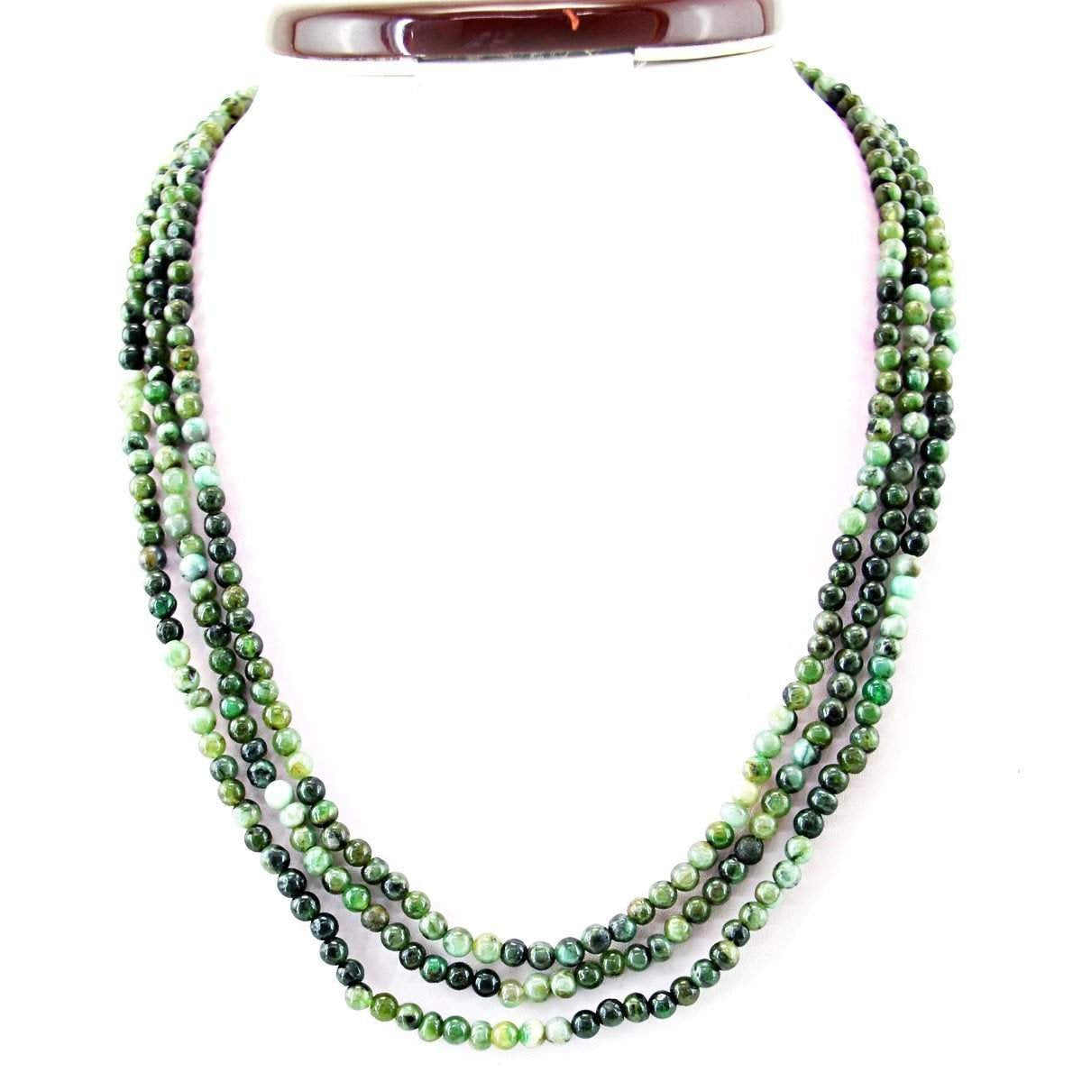 gemsmore:Natural Untreated Green Emerald Necklace 3 Line Round Shape Beads