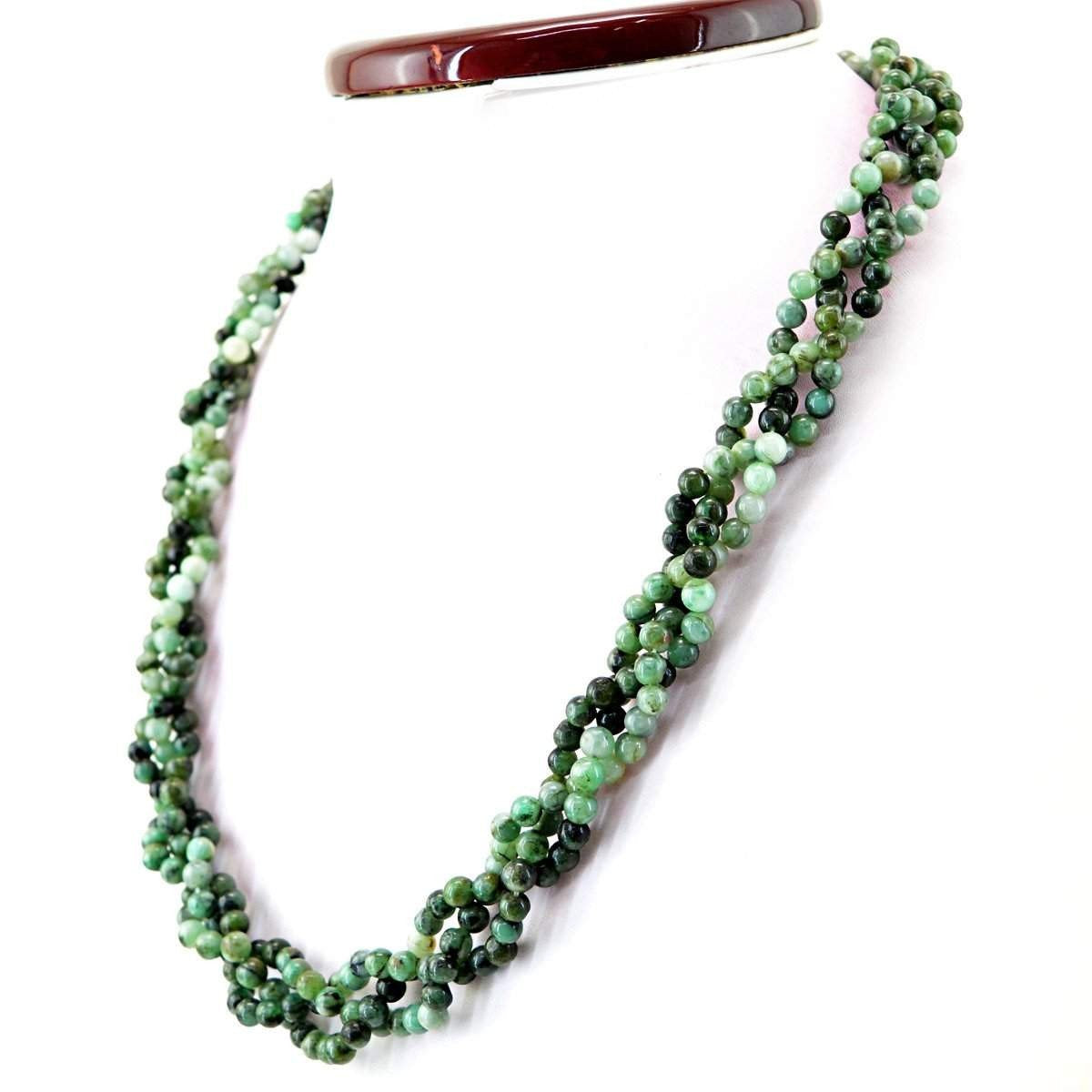 gemsmore:Natural Untreated Green Emerald Necklace Round Shape Beads