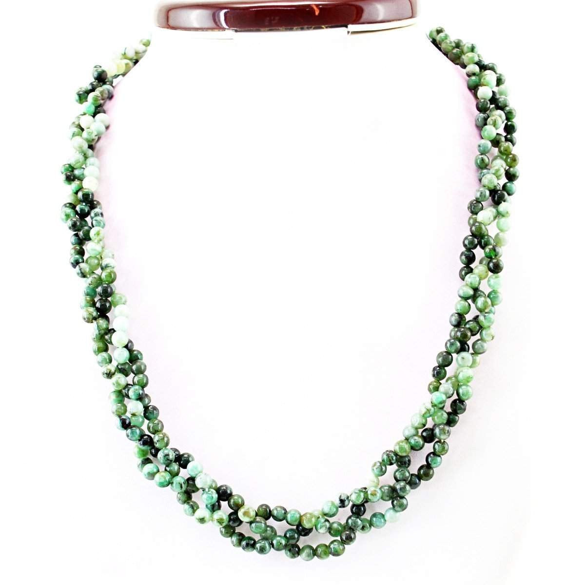 gemsmore:Natural Untreated Green Emerald Necklace Round Shape Beads