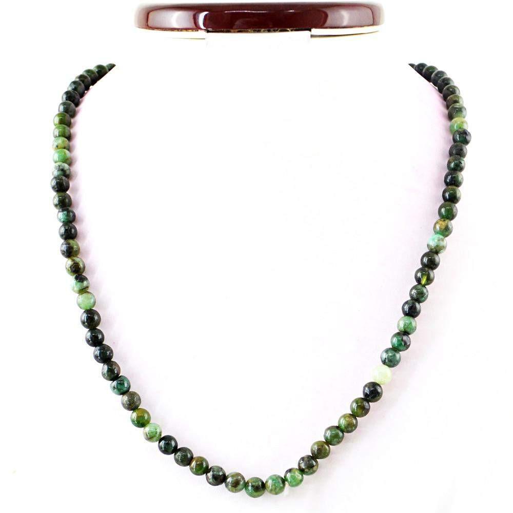 gemsmore:Natural Untreated Green Emerald Necklace Round Shape Beads