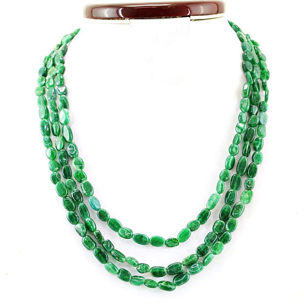 gemsmore:Natural Untreated Green Jade Necklace 3 Line Oval Shape Beads