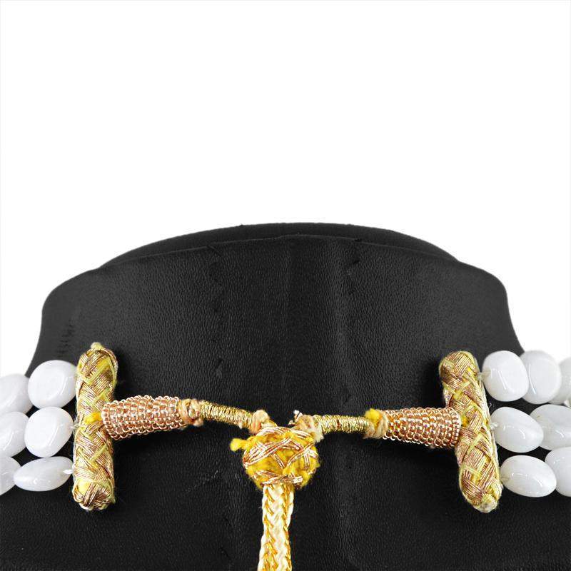 gemsmore:Natural White Agate Necklace 3 Strand Oval Shape Beads