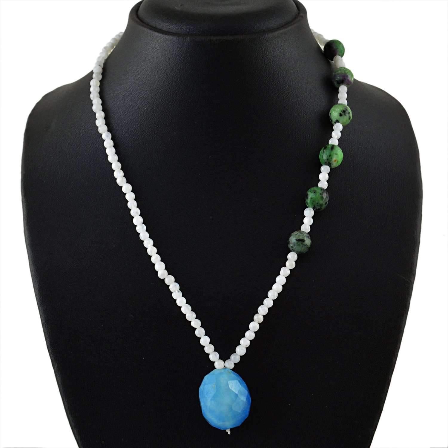 gemsmore:Natural White Moonstone & Ruby Ziosite Necklace Round Cut Beads