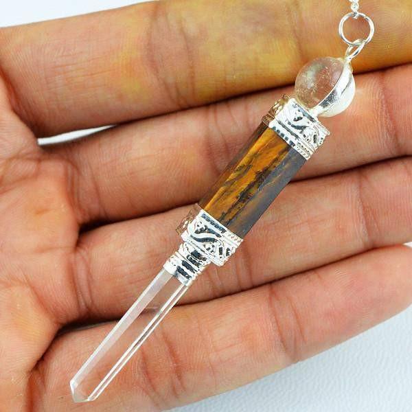 gemsmore:Natural White Quartz & Golden Tiger Eye Crystal Healing Ball Point Pendulum