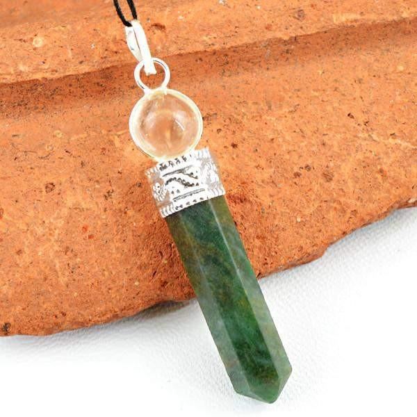 gemsmore:Natural White Quartz & Green Jade Meditation Healing Ball Point Pendant