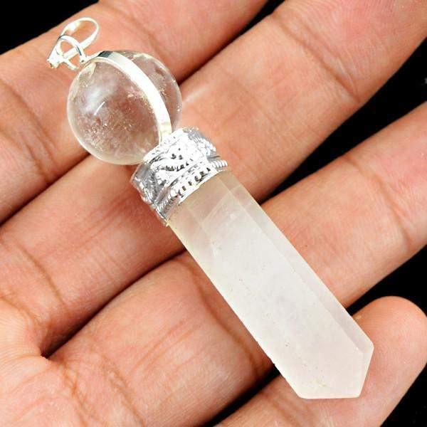 gemsmore:Natural White Quartz & Pink Rose Quartz Crystal Healing Ball Point Pendant