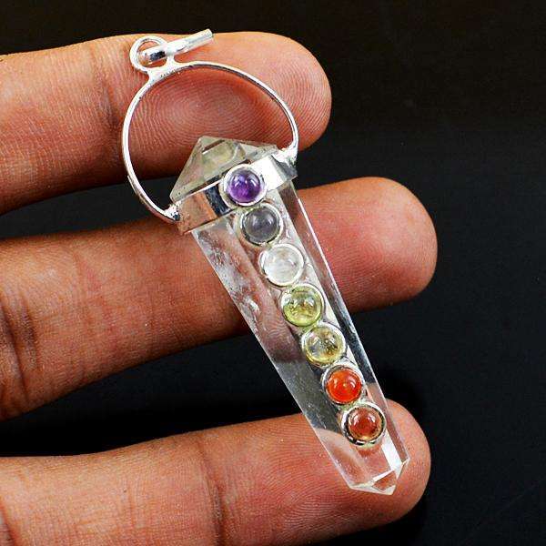 gemsmore:Natural White Quartz Seven Chakra Healing Point Pendant