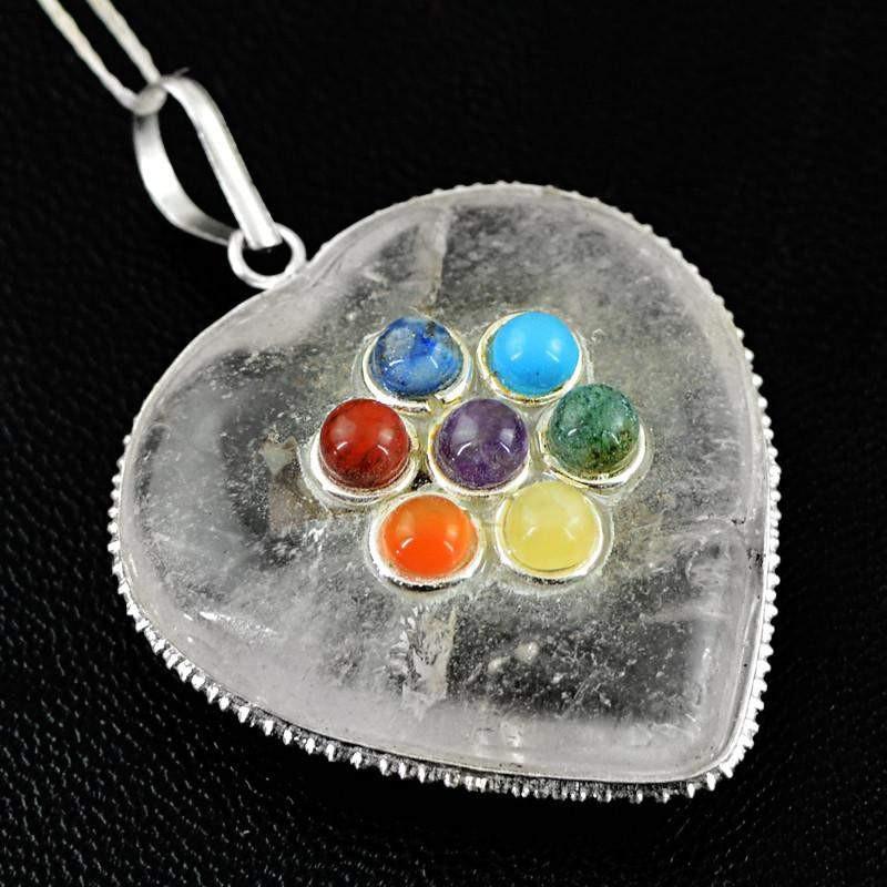 gemsmore:Natural White Quartz Untreated Heart Shape Seven Chakra Healing Pendant