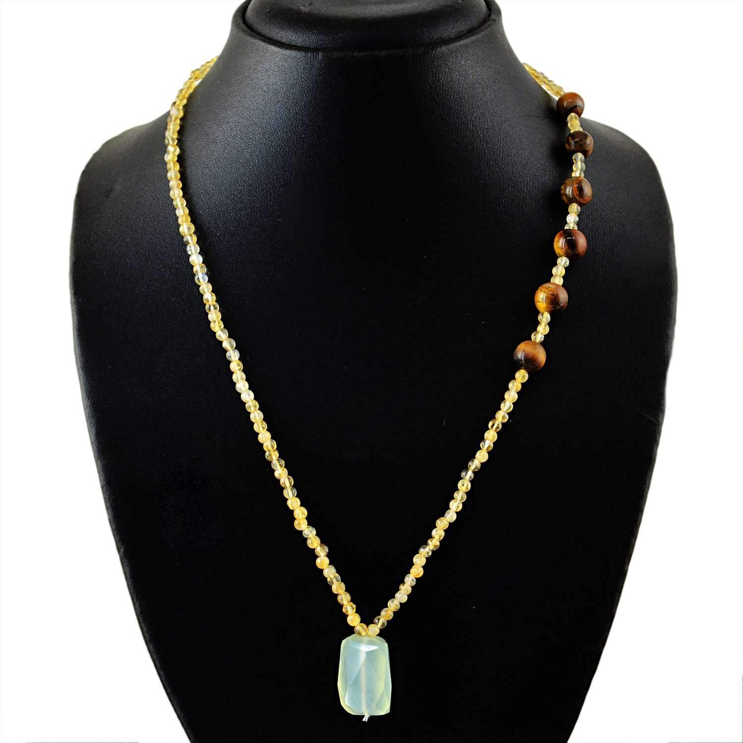 gemsmore:Natural Yellow Citrine & Golden Tiger Eye Necklace Round Shape Beads
