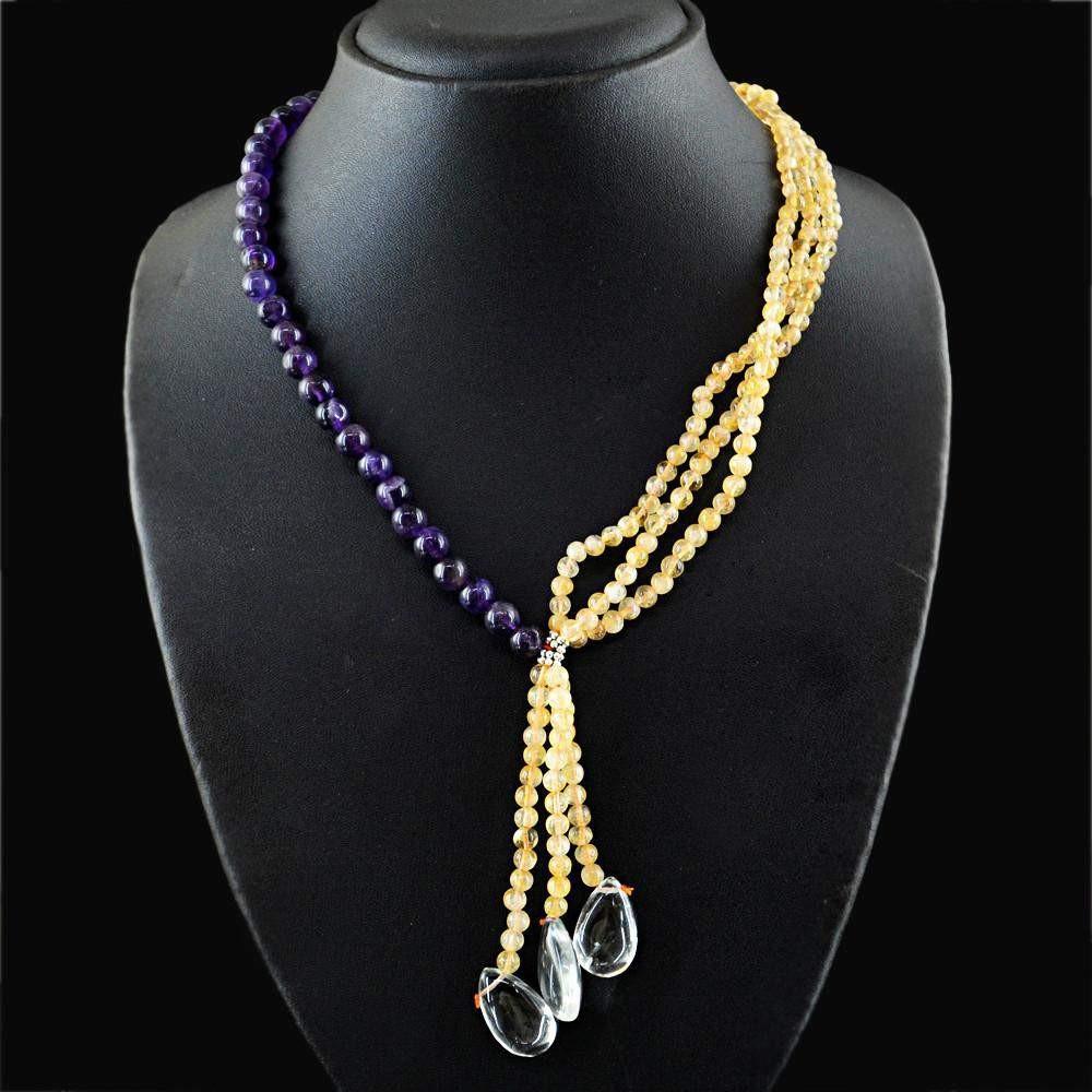 gemsmore:Natural Yellow Citrine & Purple Amethyst Necklace Untreated Round Beads