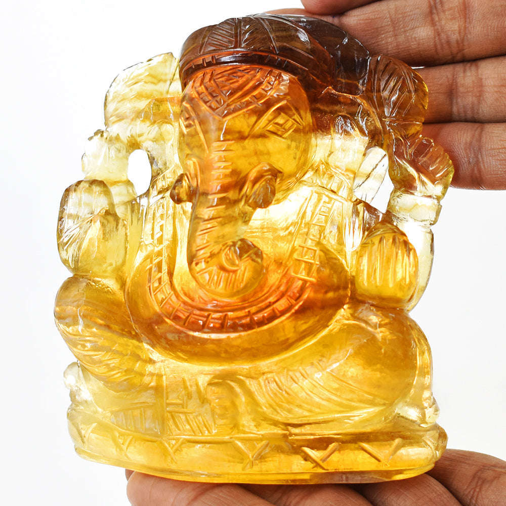 gemsmore:Natural  Yellow Fluorite Hand Carved Genuine Crystal Lord Ganesha