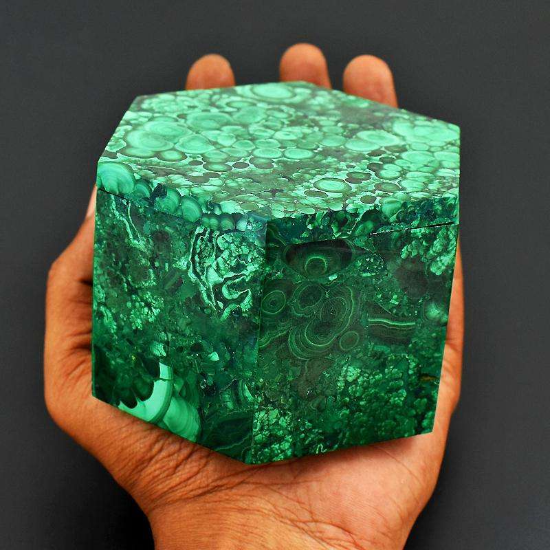 gemsmore:New in stock - - Hexagon Style Malachite gem Box - Hand Carved