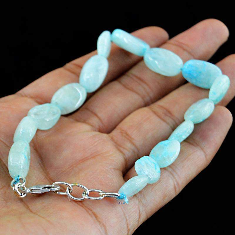 gemsmore:Oval Shape Blue Aquamarine Bracelet Natural Untreated Beads
