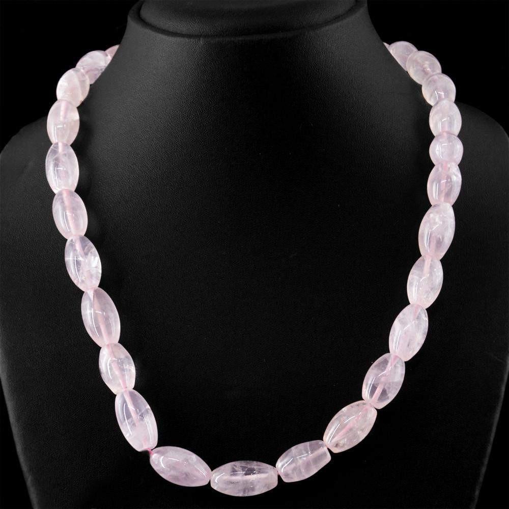 gemsmore:Oval Shape Pink Rose Quartz Necklace Natural Untreated Beads
