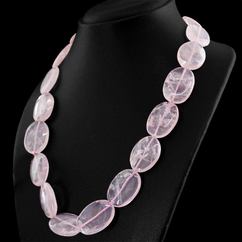 gemsmore:Oval Shape Pink Rose Quartz Necklace Natural Untreated Beads
