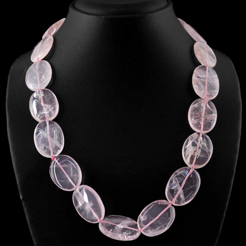 gemsmore:Oval Shape Pink Rose Quartz Necklace Natural Untreated Beads