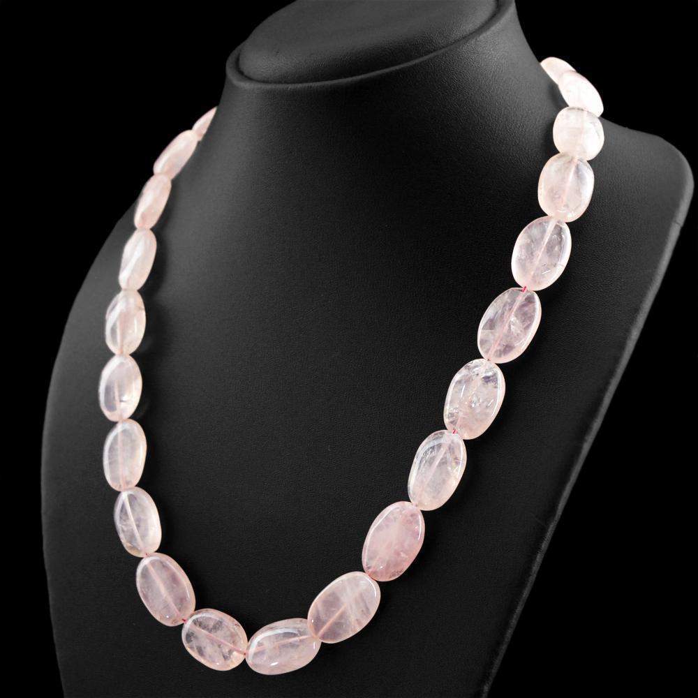 gemsmore:Oval Shape Pink Rose Quartz Necklace Natural Untreated Beads