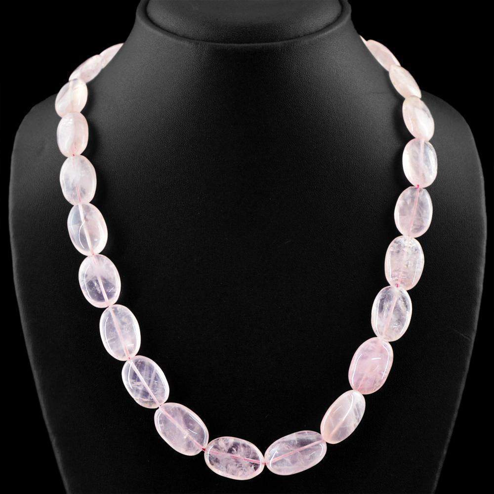 gemsmore:Oval Shape Pink Rose Quartz Necklace Natural Untreated Beads