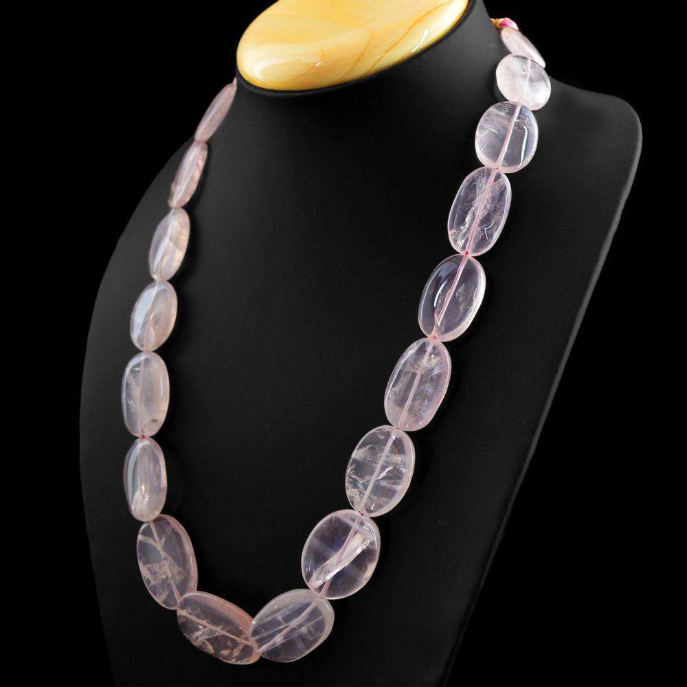 gemsmore:Oval Shape Pink Rose Quartz Necklace Natural Untreated Beads