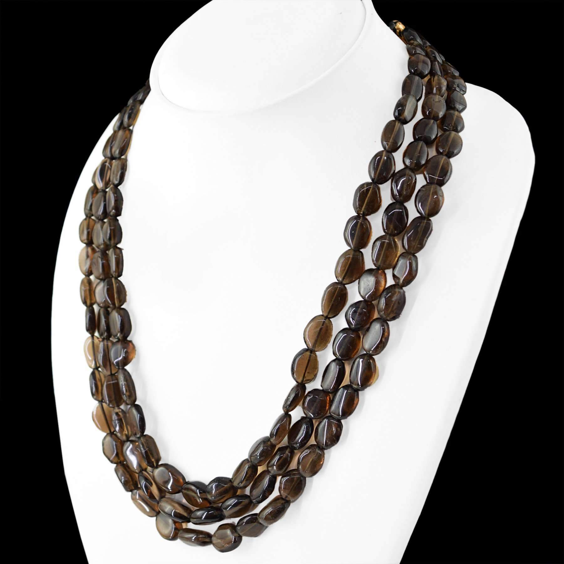 gemsmore:Oval Shape Smoky Quartz Necklace Natural 3 Line Untreated Beads
