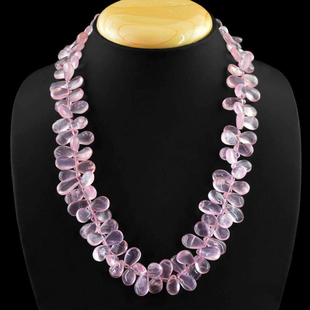 gemsmore:Pear Shape Pink Rose Quartz Necklace Natural Unheated Beads