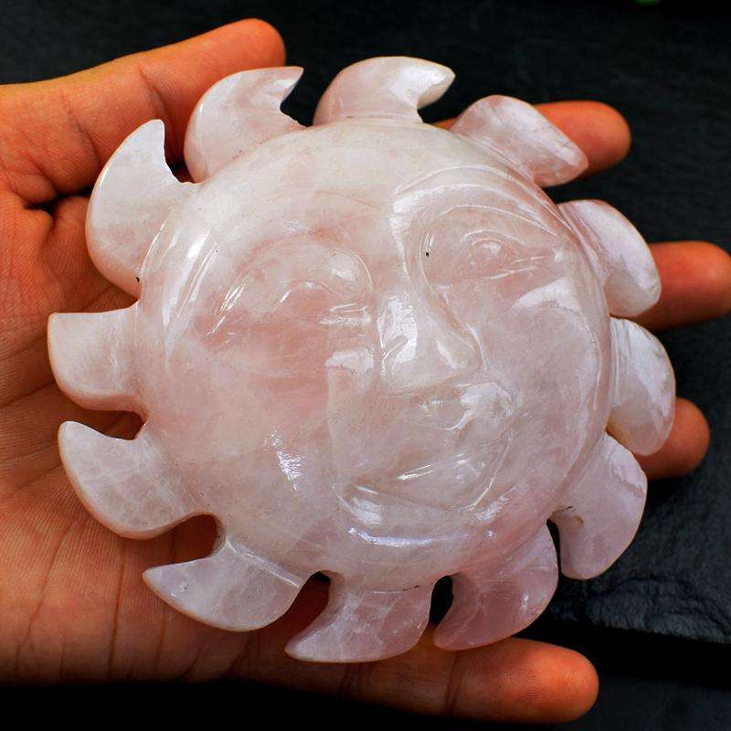 gemsmore:Pink Rose Quartz Finely Hand Carved Sun Face