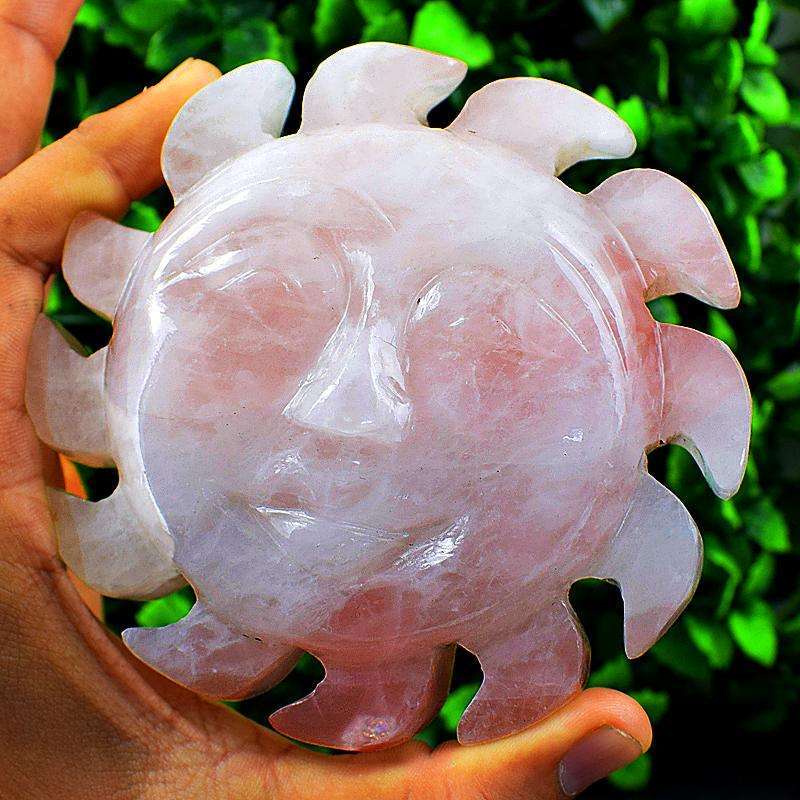 gemsmore:Pink Rose Quartz Finely Hand Carved Sun Face