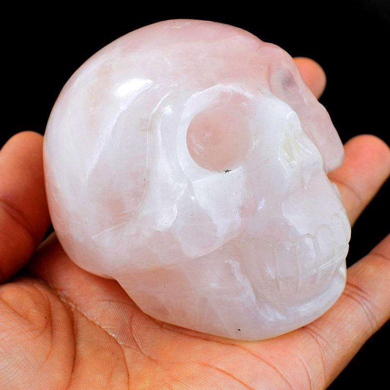 gemsmore:Pink Rose Quartz Hand Carved Human Skull