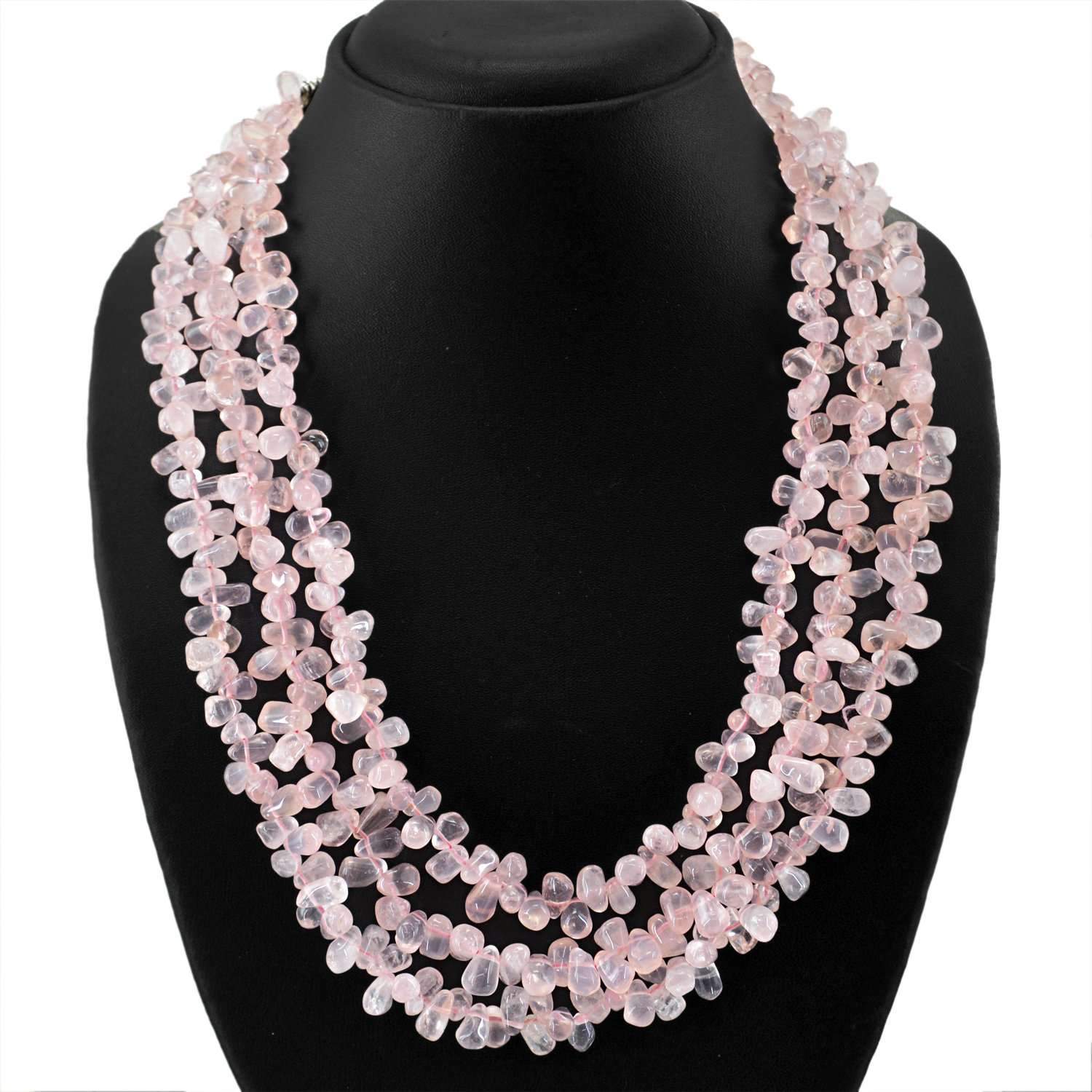 gemsmore:Pink Rose Quartz Necklace 3 Lines Natural Tear Drop Beads