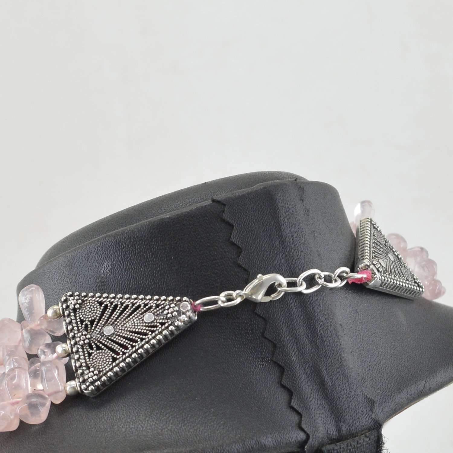 gemsmore:Pink Rose Quartz Necklace 3 Lines Natural Tear Drop Beads