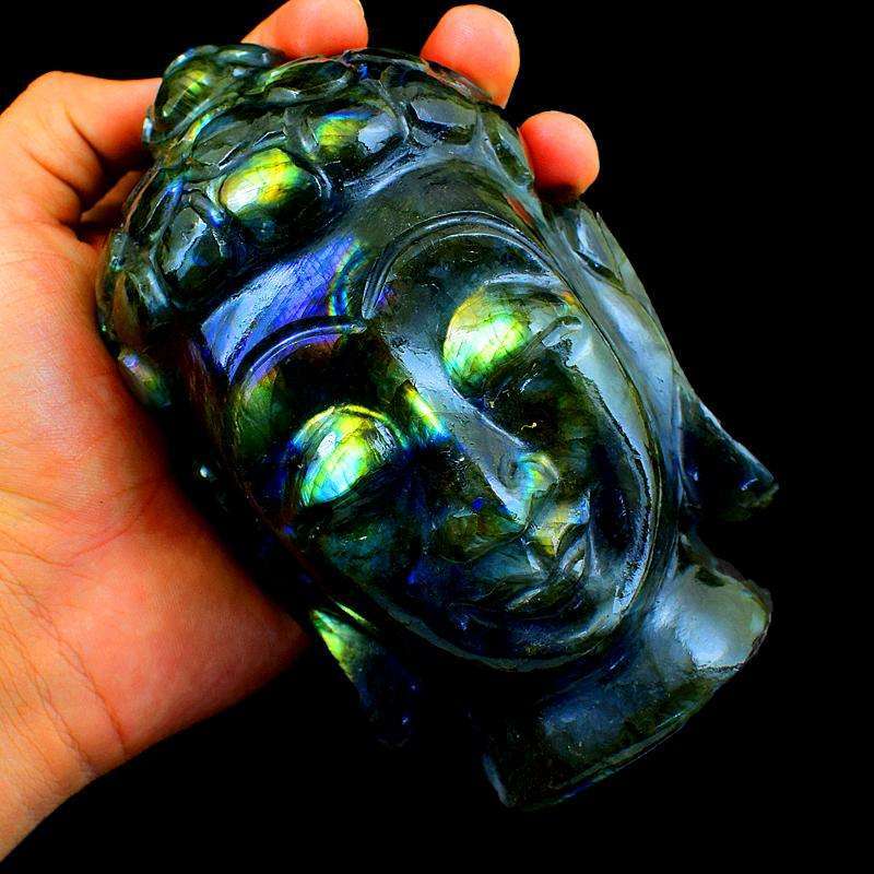 gemsmore:Premium Labradorite Gemstone Carved Lord Buddha Head Idol Statute