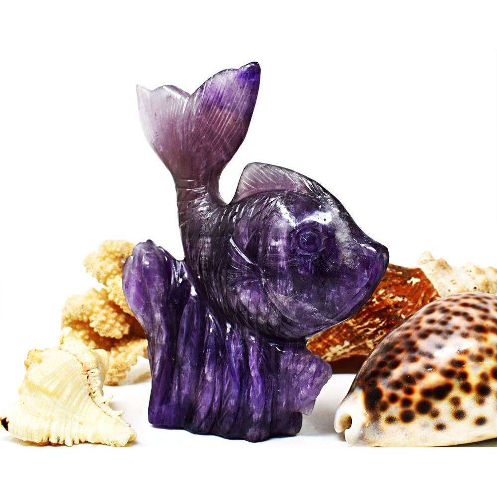 gemsmore:Purple Amethyst Hand Carved Fish - Beautiful