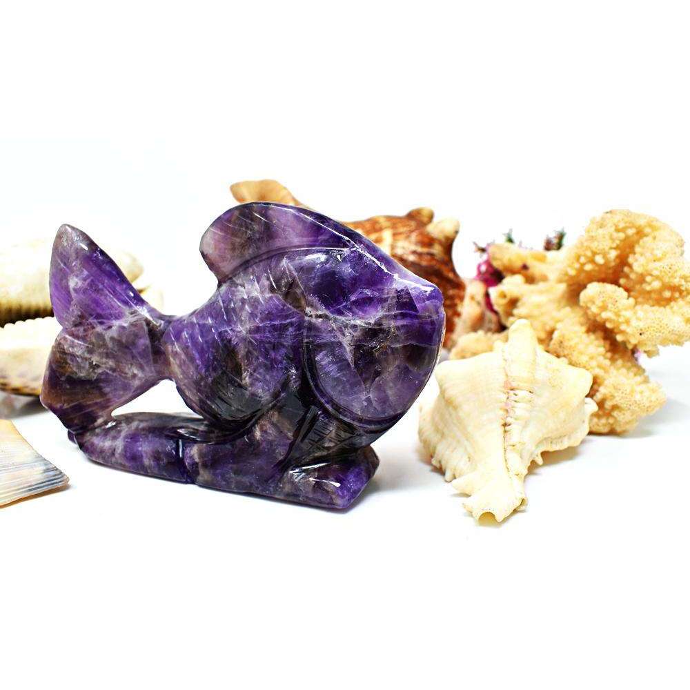 gemsmore:Purple Amethyst Hand Carved Fish - Beautiful